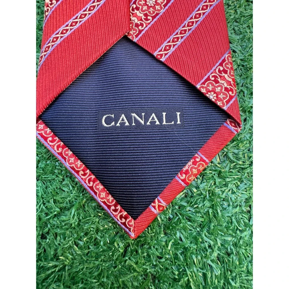 Canali Mens Red Silk Geometric Floral Striped Necktie Made in Italy‎